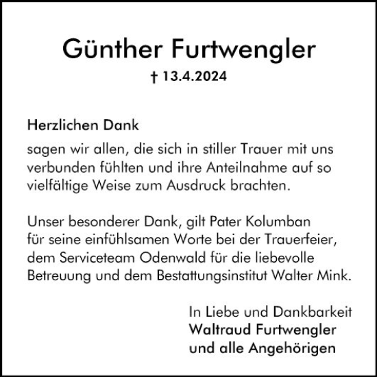 Traueranzeigen von Günther Furtwengler Trauerportal Ihrer Tageszeitung