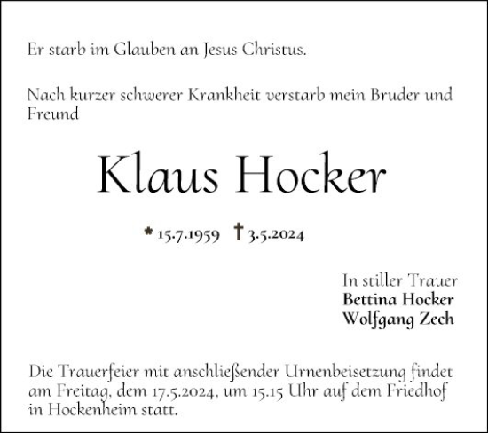 Traueranzeigen Von Klaus Hocker Trauerportal Ihrer Tageszeitung