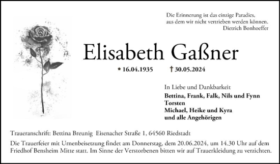 Traueranzeigen von Elisabeth Gaßner Trauerportal Ihrer Tageszeitung