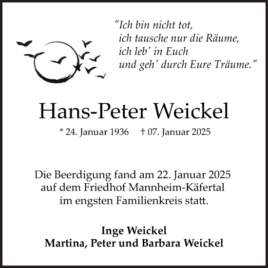 Traueranzeigen Von Hans Peter Weickel Trauerportal Ihrer Tageszeitung