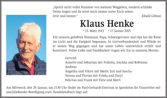 Traueranzeigen Von Klaus Henke Trauerportal Ihrer Tageszeitung