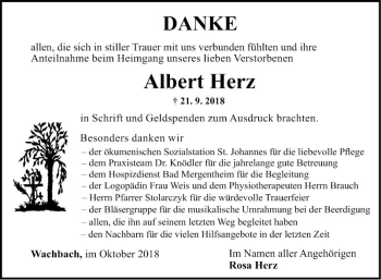 Traueranzeige von Albert Herz von Fränkische Nachrichten