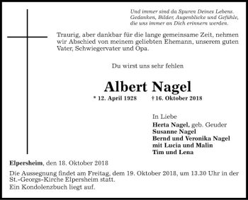 Traueranzeige von Albert Nagel von Fränkische Nachrichten