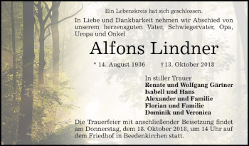 Traueranzeige von Alfons Lindner von Bergsträßer Anzeiger