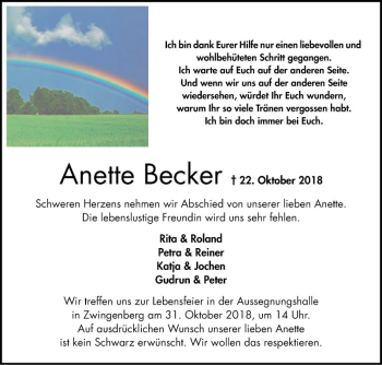 Traueranzeige von Anette Becker von Bergsträßer Anzeiger