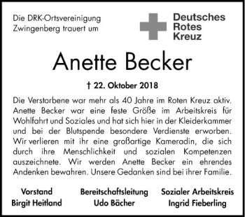 Traueranzeige von Anette Becker 