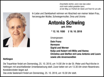 Traueranzeige von Antonia Schwing von Fränkische Nachrichten