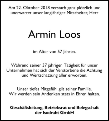 Traueranzeige von Armin Loos von Mannheimer Morgen