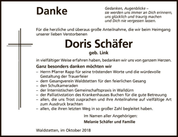 Traueranzeige von Doris Schäfer von Fränkische Nachrichten