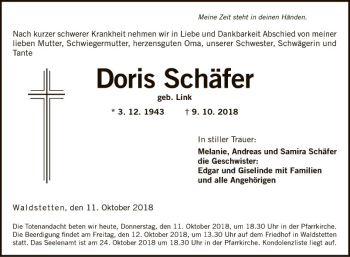 Traueranzeige von Doris Schäfer von Fränkische Nachrichten