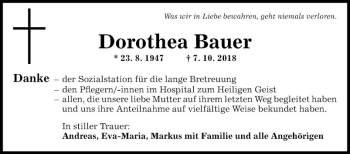 Traueranzeige von Dorothea Bauer von Fränkische Nachrichten