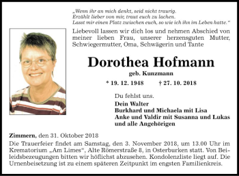 Traueranzeige von Dorothea Hofmann 