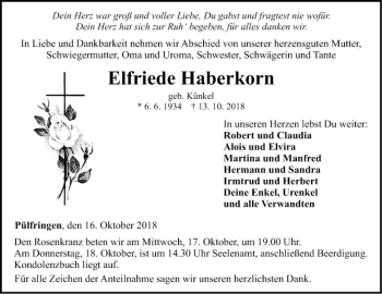 Traueranzeige von Elfriede Haberkorn von Fränkische Nachrichten