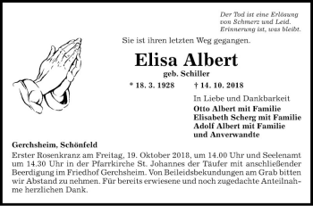 Traueranzeige von Elisa Albert von Fränkische Nachrichten