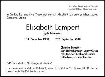 Traueranzeige von Elisabeth Lampert von Bergsträßer Anzeiger