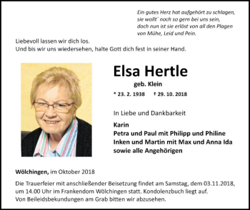 Traueranzeige von Elsa Hertle 