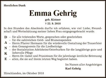 Traueranzeige von Emma Gehrig von Fränkische Nachrichten