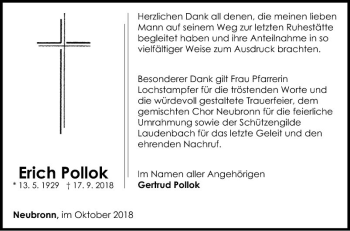 Traueranzeige von Erich Pollok von Fränkische Nachrichten