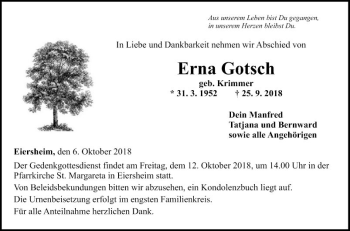 Traueranzeige von Erna Gotsch von Fränkische Nachrichten