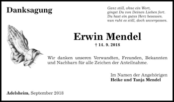 Traueranzeige von Erwin Mendel von Fränkische Nachrichten