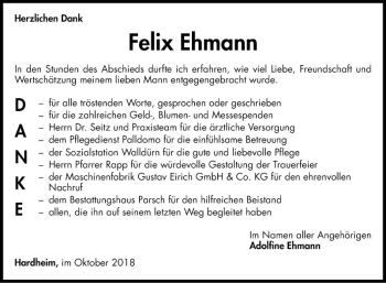 Traueranzeige von Felix Ehmann von Fränkische Nachrichten
