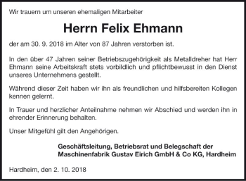 Traueranzeige von Felix Ehmann von Fränkische Nachrichten