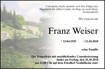 Traueranzeige von Franz Weiser von Schwetzinger Zeitung