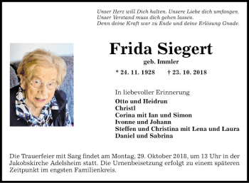 Traueranzeige von Frida Siegert von Fränkische Nachrichten