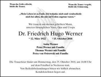 Traueranzeige von Friedrich Hugo Werner von Mannheimer Morgen