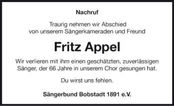 Traueranzeige von Fritz Appel von Fränkische Nachrichten