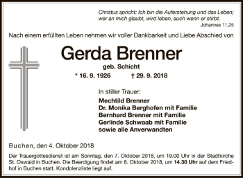 Traueranzeigen Von Gerda Brenner | Trauerportal Ihrer Tageszeitung