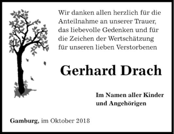 Traueranzeige von Gerhard Drach von Fränkische Nachrichten