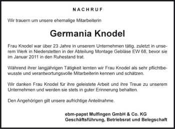 Traueranzeige von Germania Knodel 