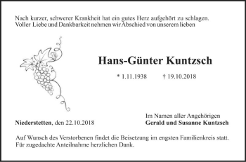 Traueranzeige von Hans-Günter Kuntzsch von Fränkische Nachrichten