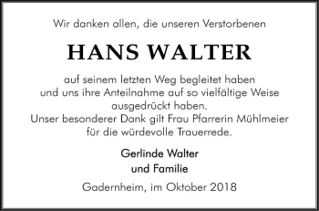 Traueranzeige von Hans Walter von Bergsträßer Anzeiger