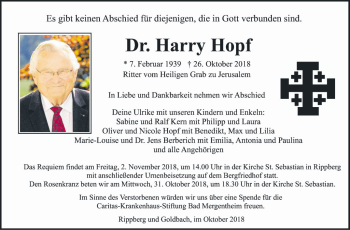 Traueranzeige von Harry Hopf von Fränkische Nachrichten