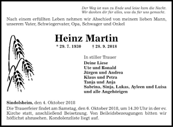 Traueranzeige von Heinz Martin von Fränkische Nachrichten