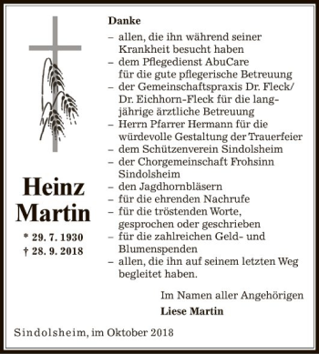 Traueranzeige von Heinz Martin von Fränkische Nachrichten