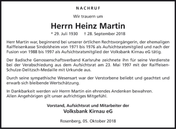 Traueranzeige von Heinz Martin von Fränkische Nachrichten