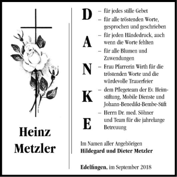 Traueranzeige von Heinz Metzler von Fränkische Nachrichten