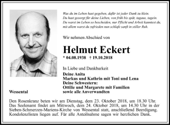 Traueranzeige von Helmut Eckert von Fränkische Nachrichten