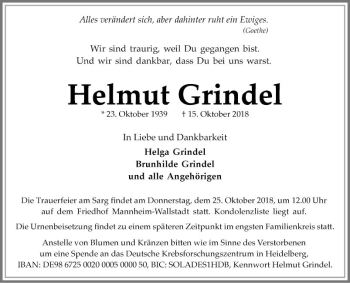 Traueranzeige von Helmut Grindel von Mannheimer Morgen