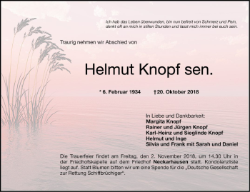 Traueranzeige von Helmut Knopf von Mannheimer Morgen