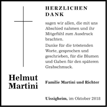 Traueranzeige von Helmut Martini von Fränkische Nachrichten