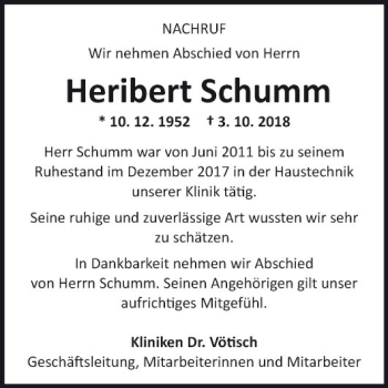 Traueranzeige von Heribert Schumm von Fränkische Nachrichten