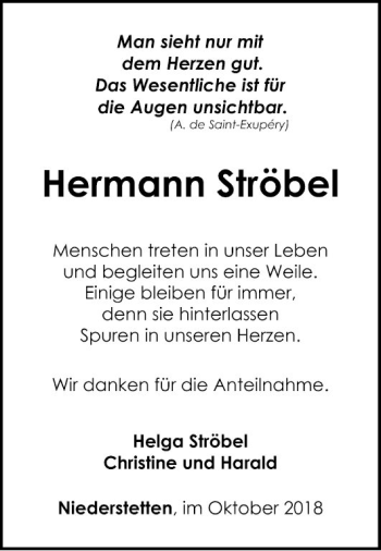 Traueranzeige von Hermann Ströbel von Fränkische Nachrichten