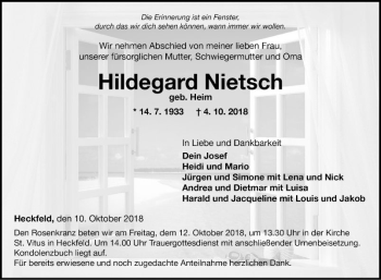 Traueranzeige von Hildegard Nietsch von Fränkische Nachrichten