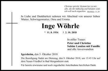 Traueranzeige von Inge Wöhrle von Fränkische Nachrichten
