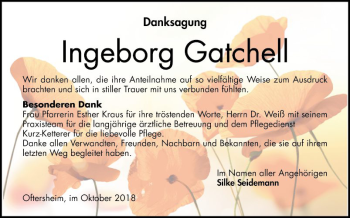 Traueranzeige von Ingeborg Gatchell von Schwetzinger Zeitung