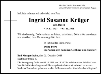 Traueranzeige von Ingrid Susanne Krüger von Fränkische Nachrichten